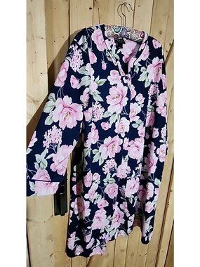 Miss Elaine Relax Housecoat/robe L Snap Front Floral Pockets Hvy Knit Pink Blue